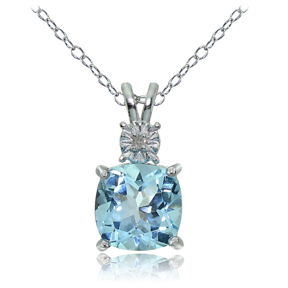 Sterling Silver Blue Topaz and Diamond Accent Cushion-cut Necklace