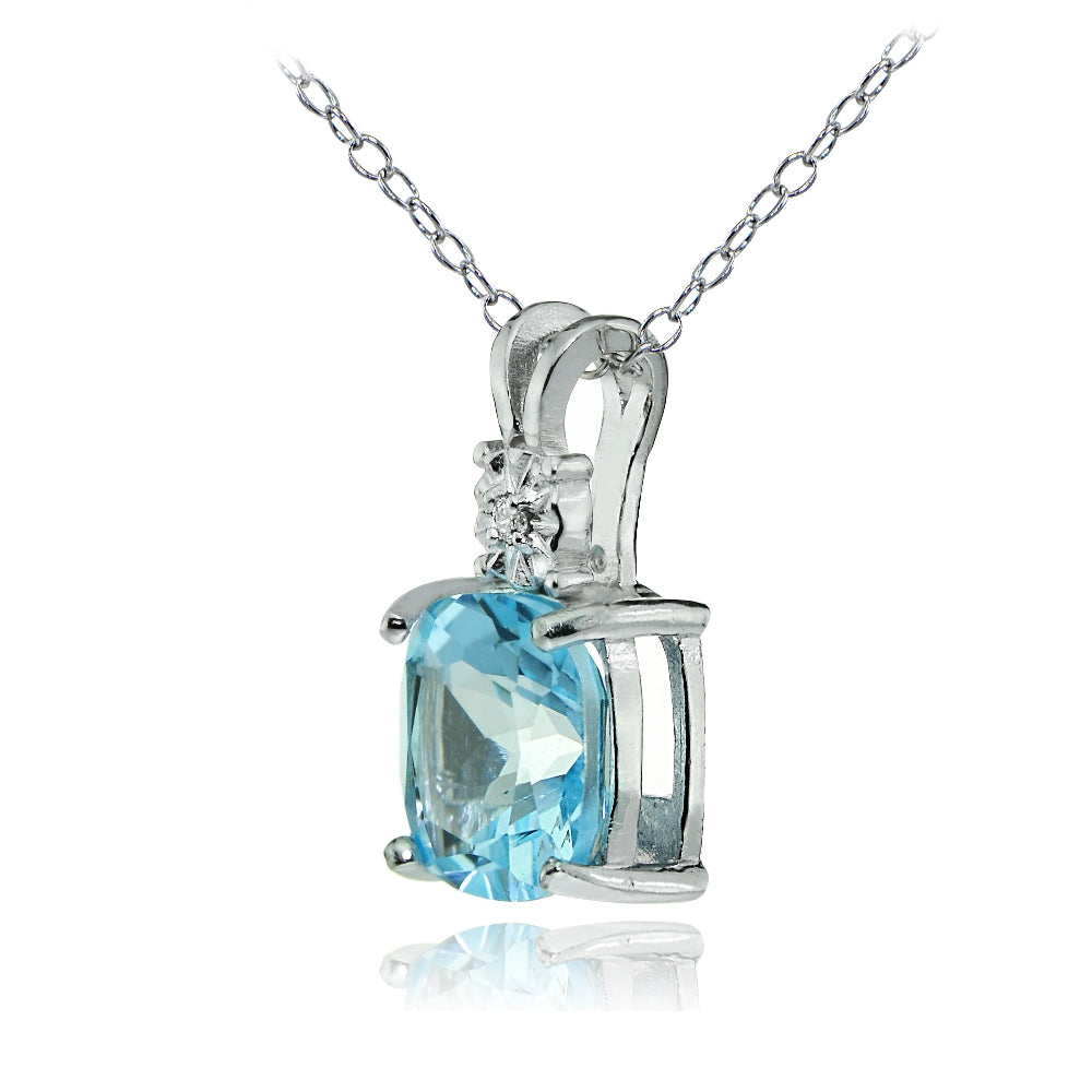 Sterling Silver Blue Topaz and Diamond Accent Cushion-cut Necklace-2