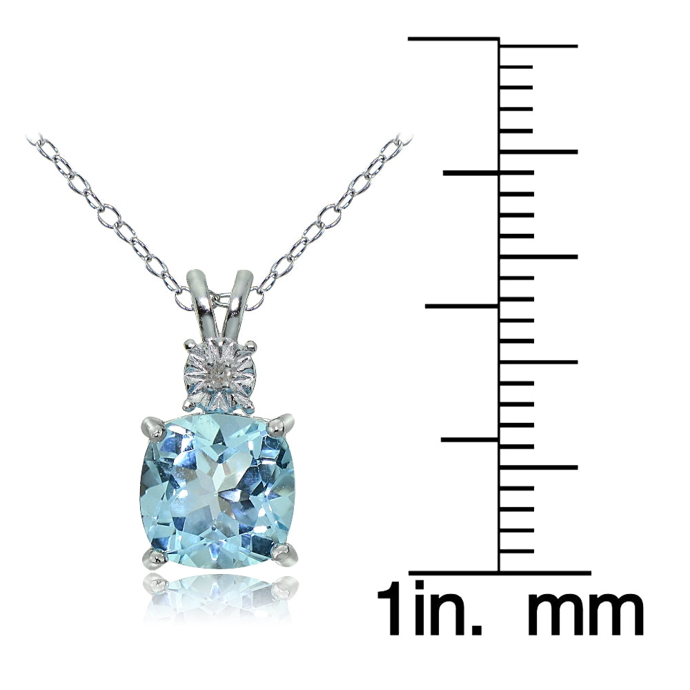 Sterling Silver Blue Topaz and Diamond Accent Cushion-cut Necklace-3