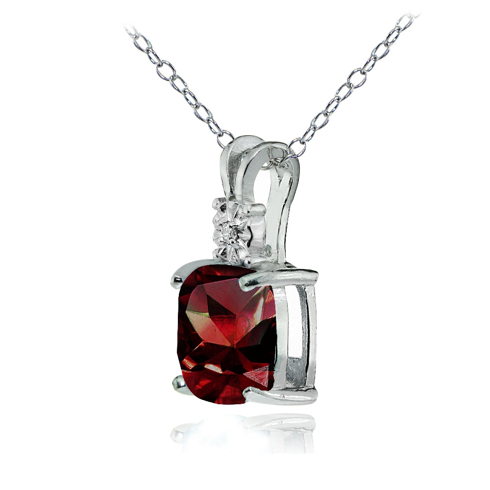 Sterling Silver Created Ruby and Diamond Accent Cushion-cut Necklace-2