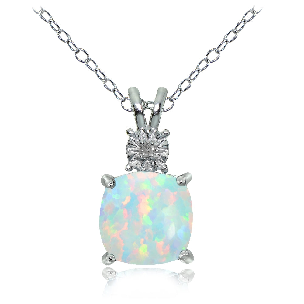 Sterling Silver Created White Opal and Diamond Accent Cushion-cut Necklace
