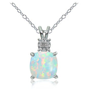 Sterling Silver Created White Opal and Diamond Accent Cushion-cut Necklace
