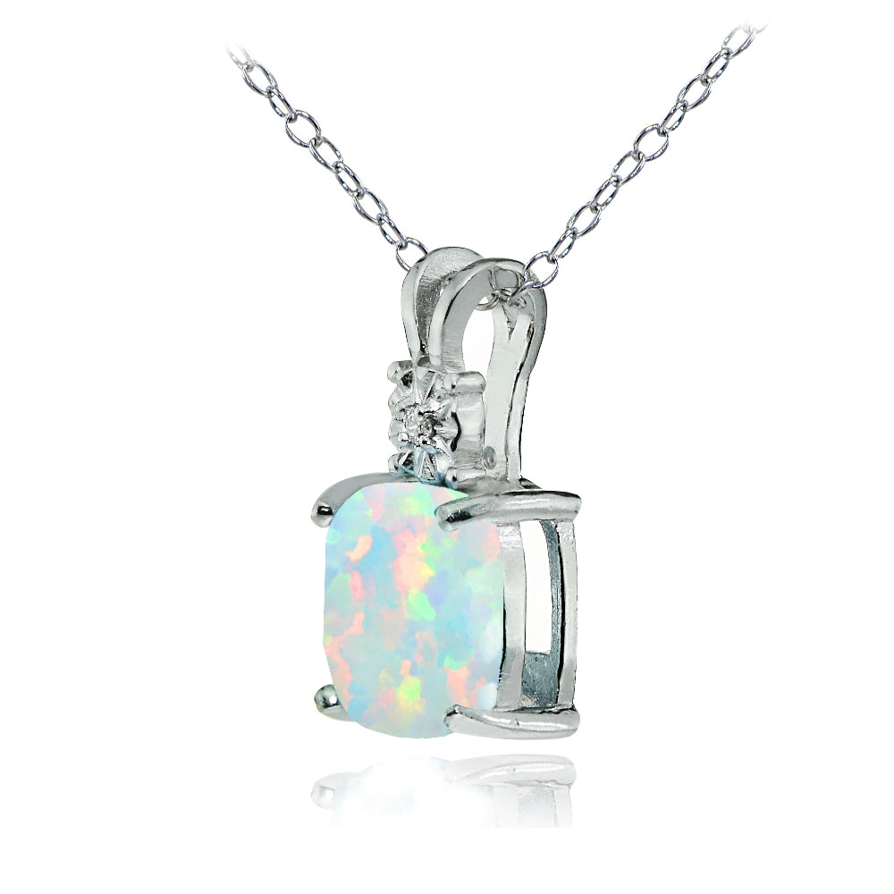 Sterling Silver Created White Opal and Diamond Accent Cushion-cut Necklace-2