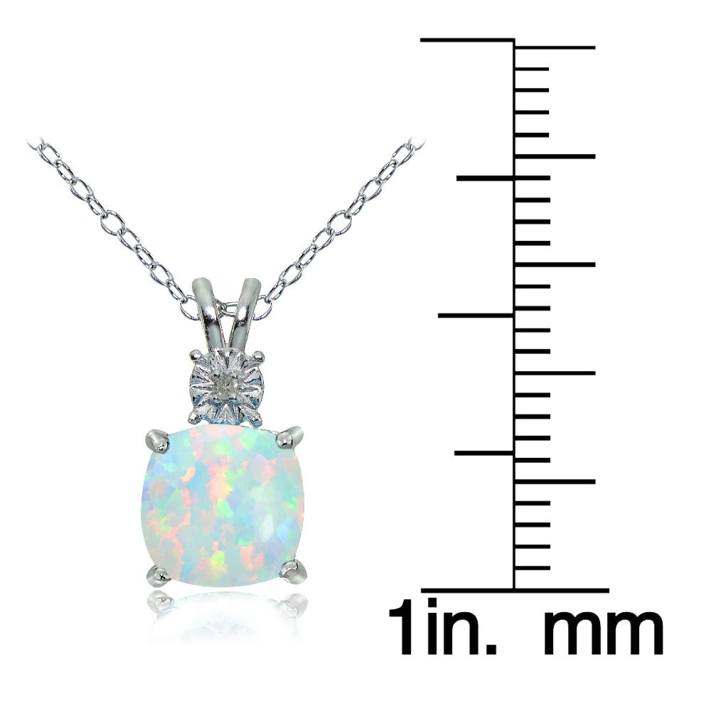 Sterling Silver Created White Opal and Diamond Accent Cushion-cut Necklace-3