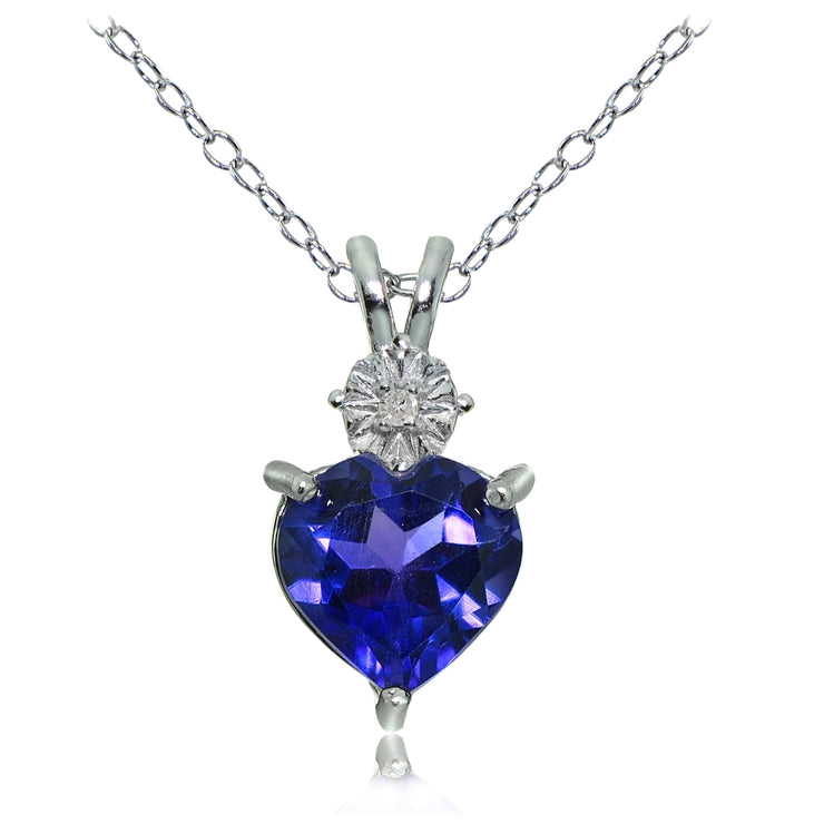 Sterling Silver Created Blue Sapphire and Diamond Accent Heart Necklace