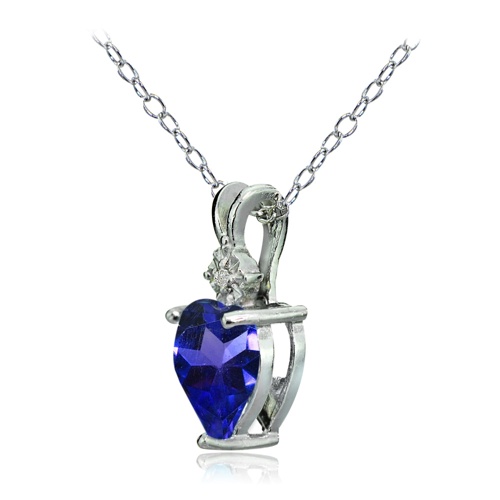 Sterling Silver Created Blue Sapphire and Diamond Accent Heart Necklace-2