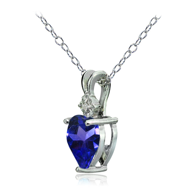 Sterling Silver Created Blue Sapphire and Diamond Accent Heart Necklac ...