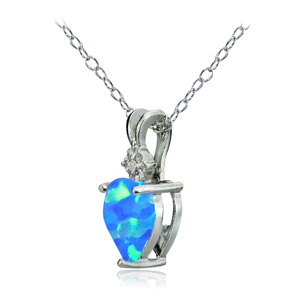 Sterling Silver Created Blue Opal and Diamond Accent Heart Necklace-2