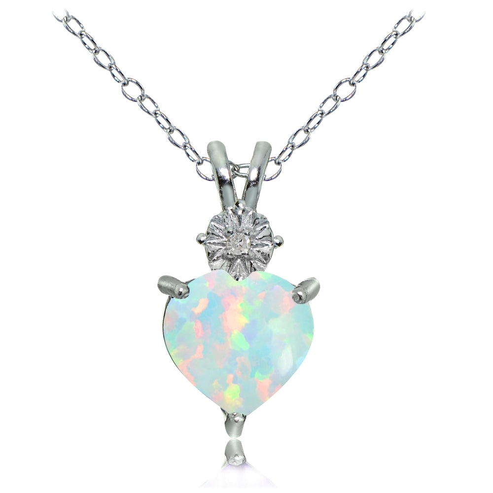 Sterling Silver Created White Opal and Diamond Accent Heart Necklace