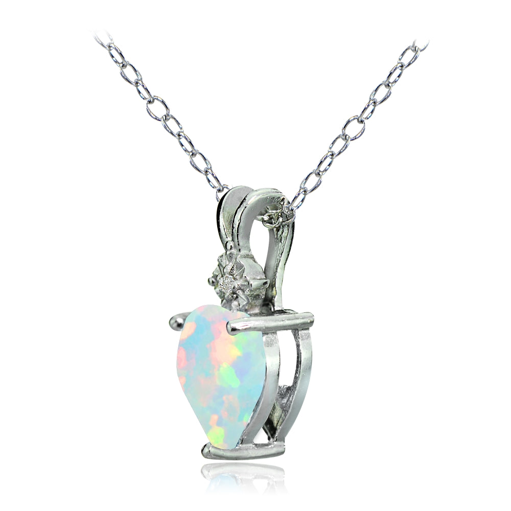Sterling Silver Created White Opal and Diamond Accent Heart Necklace-2