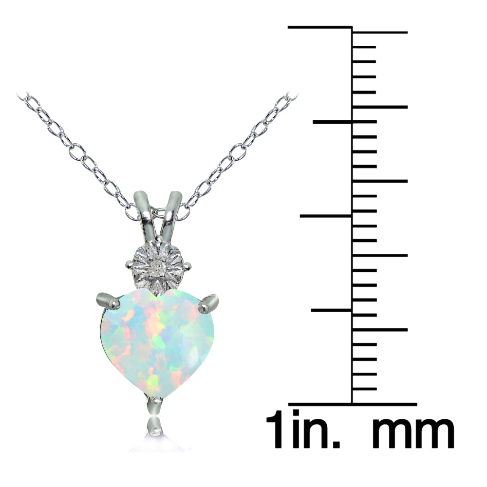 Sterling Silver Created White Opal and Diamond Accent Heart Necklace-3