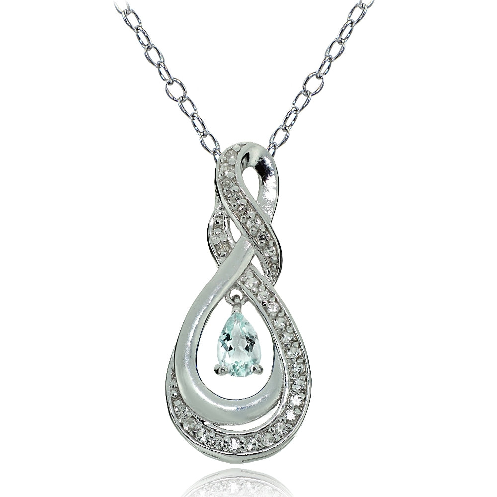 Sterling Silver Aquamarine and White Topaz Infinity Twist Teardrop Necklace