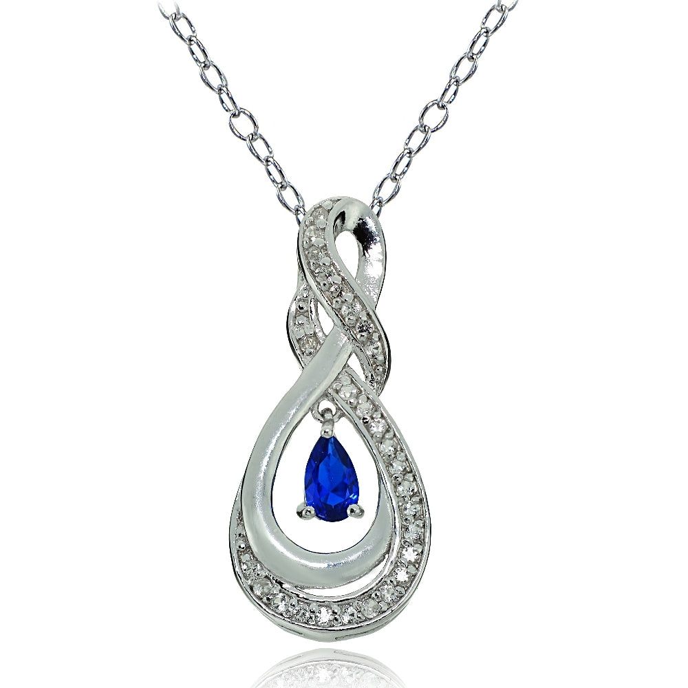 Sterling Silver Created Blue Sapphire and White Topaz Infinity Twist Teardrop Necklace
