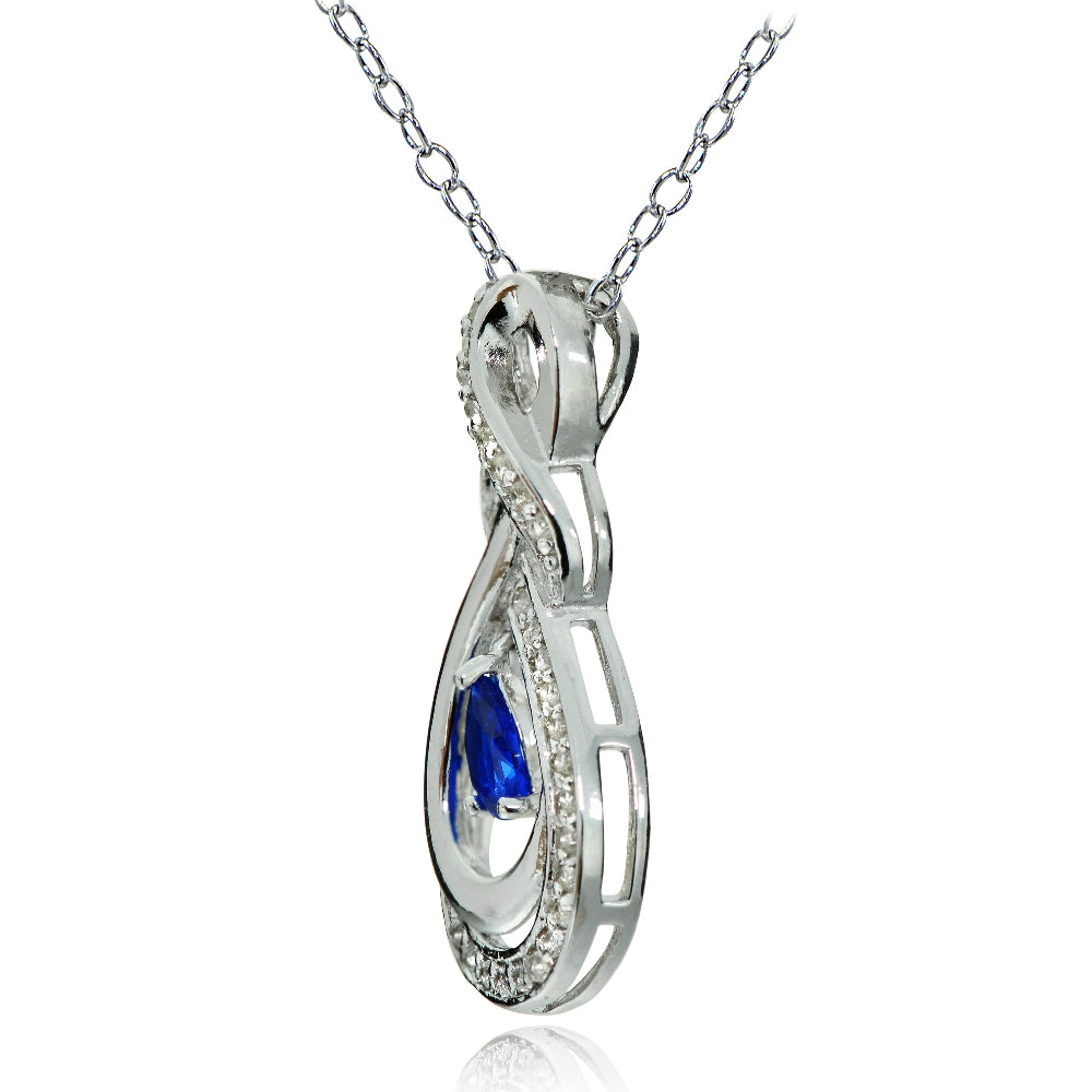 Sterling Silver Created Blue Sapphire and White Topaz Infinity Twist Teardrop Necklace-2