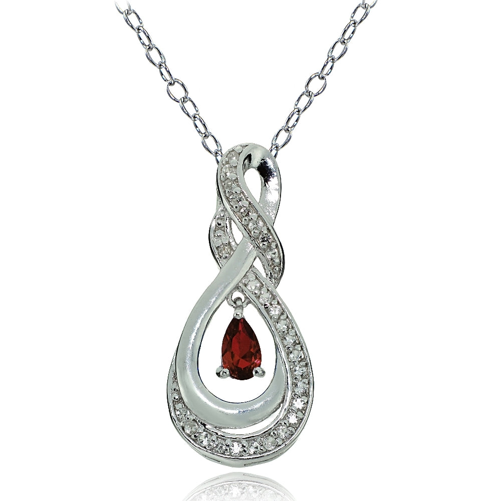 Sterling Silver Garnet and White Topaz Infinity Twist Teardrop Necklace