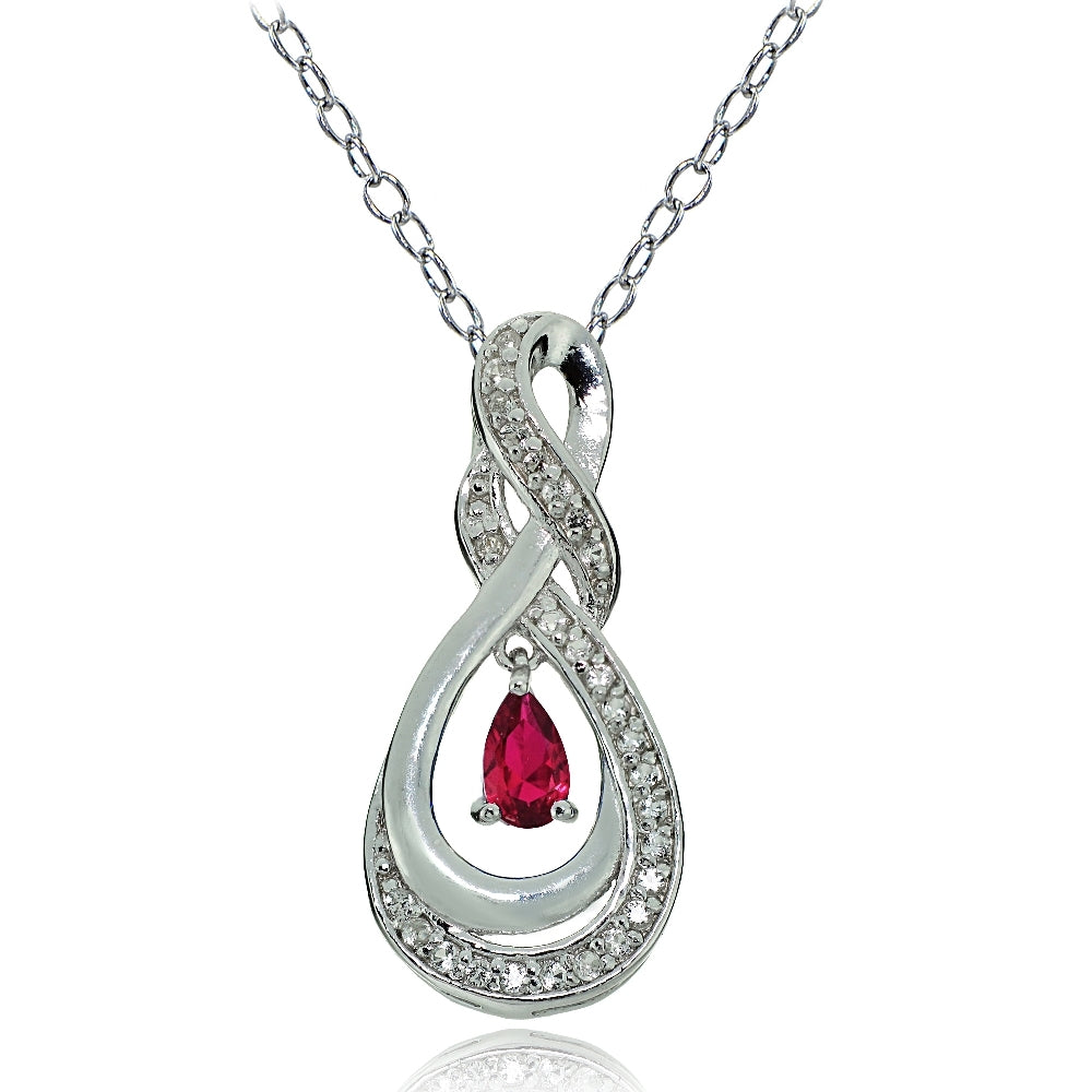 Sterling Silver Created Ruby and White Topaz Infinity Twist Teardrop Necklace