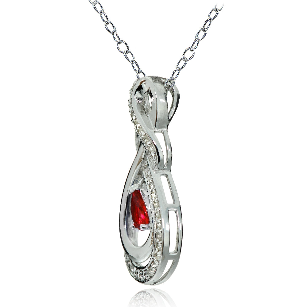 Sterling Silver Created Ruby and White Topaz Infinity Twist Teardrop Necklace-2