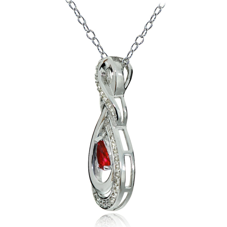 Sterling Silver Created Ruby and White Topaz Infinity Twist Teardrop Necklace