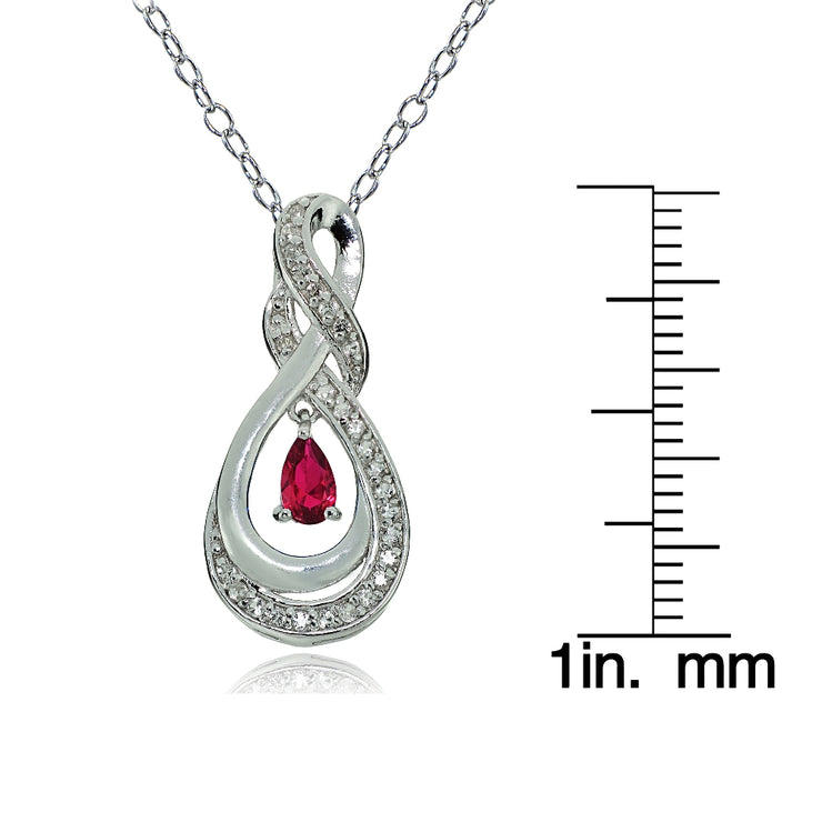 Sterling Silver Created Ruby and White Topaz Infinity Twist Teardrop Necklace