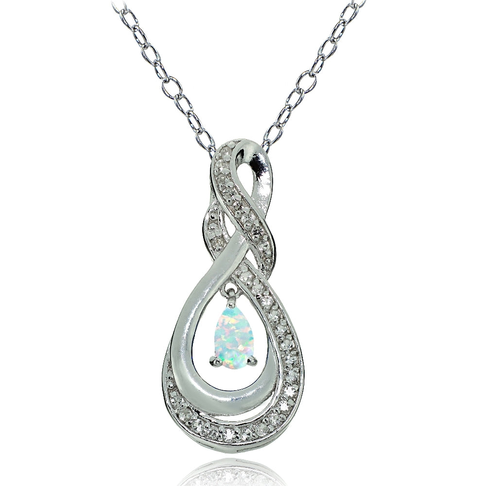 Sterling Silver Created White Opal and White Topaz Infinity Twist Teardrop Necklace