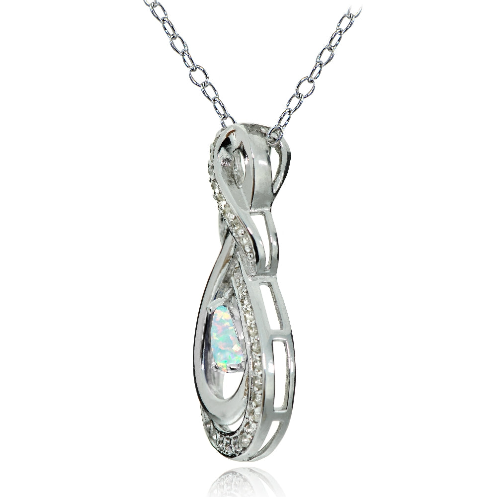 Sterling Silver Created White Opal and White Topaz Infinity Twist Teardrop Necklace-2