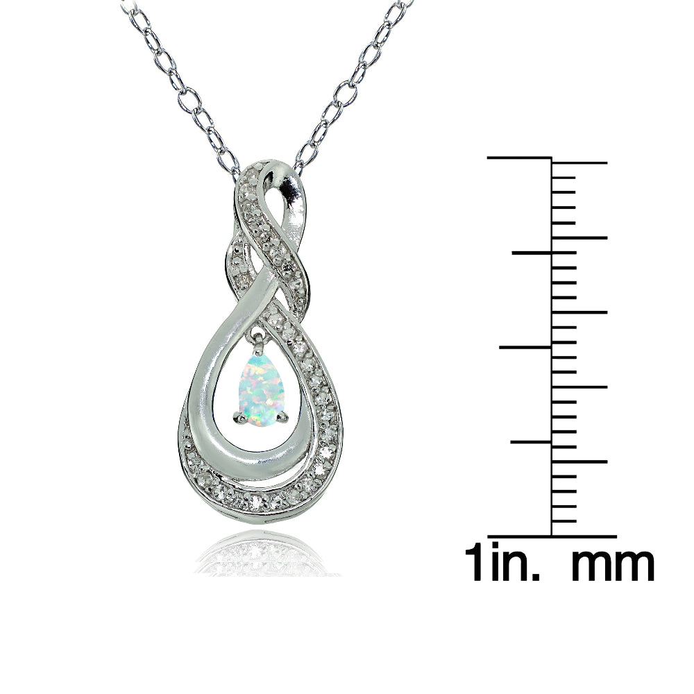 Sterling Silver Created White Opal and White Topaz Infinity Twist Teardrop Necklace-3
