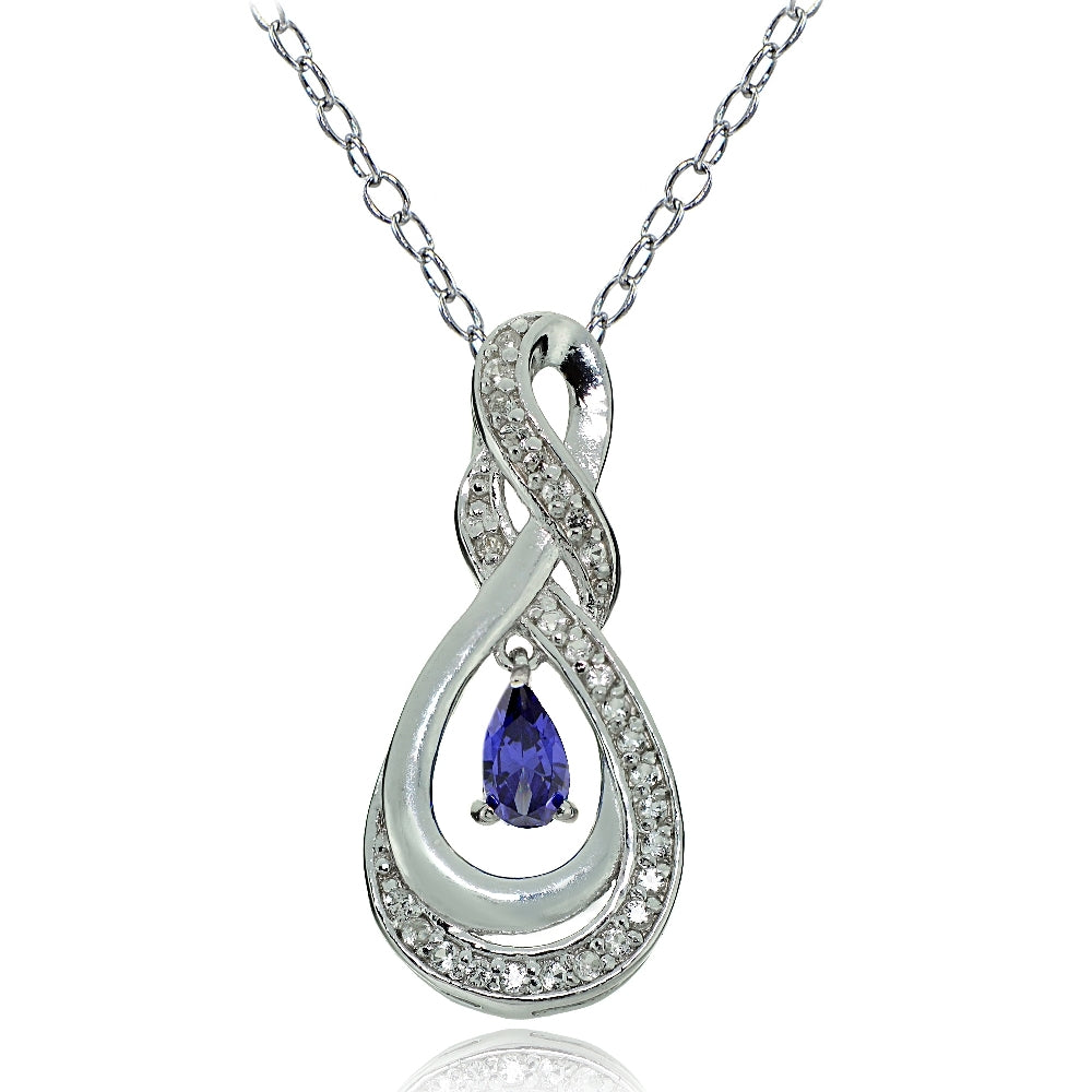 Sterling Silver Tanzanite and White Topaz Infinity Twist Teardrop Necklace