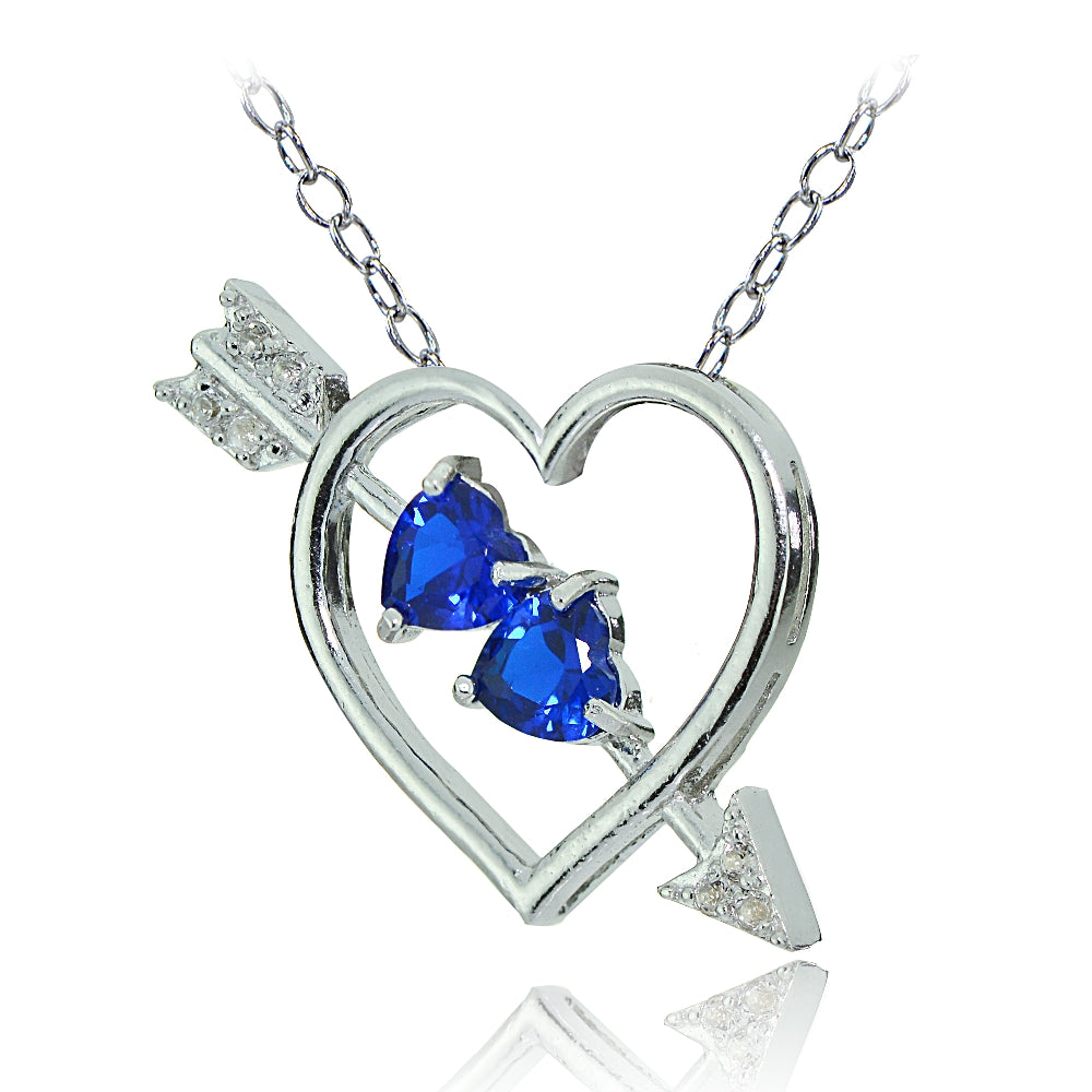 Sterling Silver Created Blue Sapphire and White Topaz Heart & Arrow Necklace-2