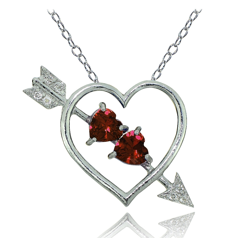Sterling Silver Garnet and White Topaz Heart & Arrow Necklace