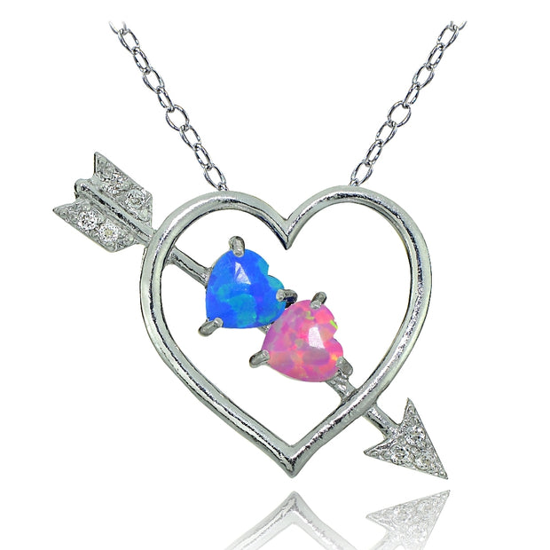 Sterling Silver Created Blue and Pink Opal & White Topaz Heart & Arrow Necklace