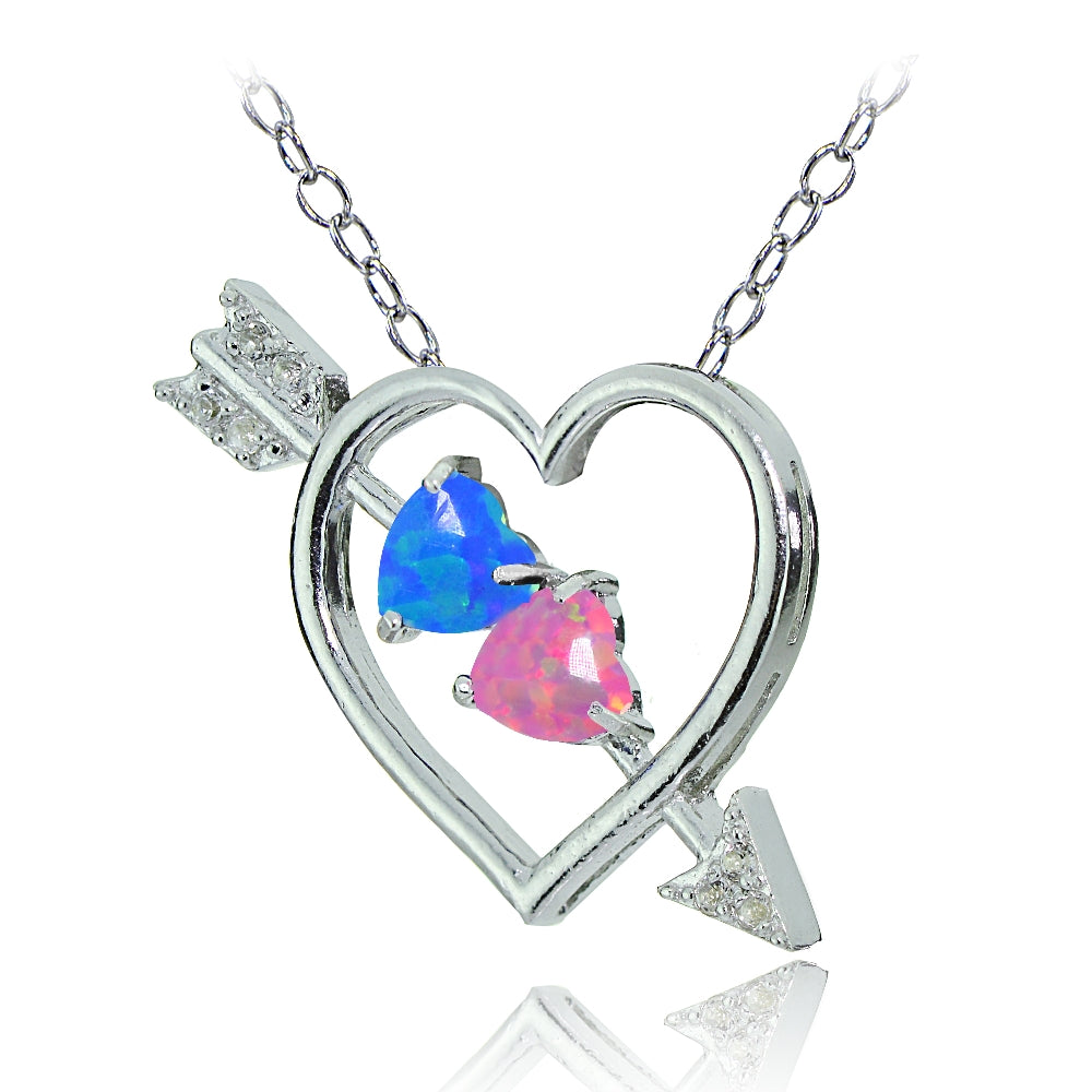 Sterling Silver Created Blue and Pink Opal & White Topaz Heart & Arrow Necklace-3