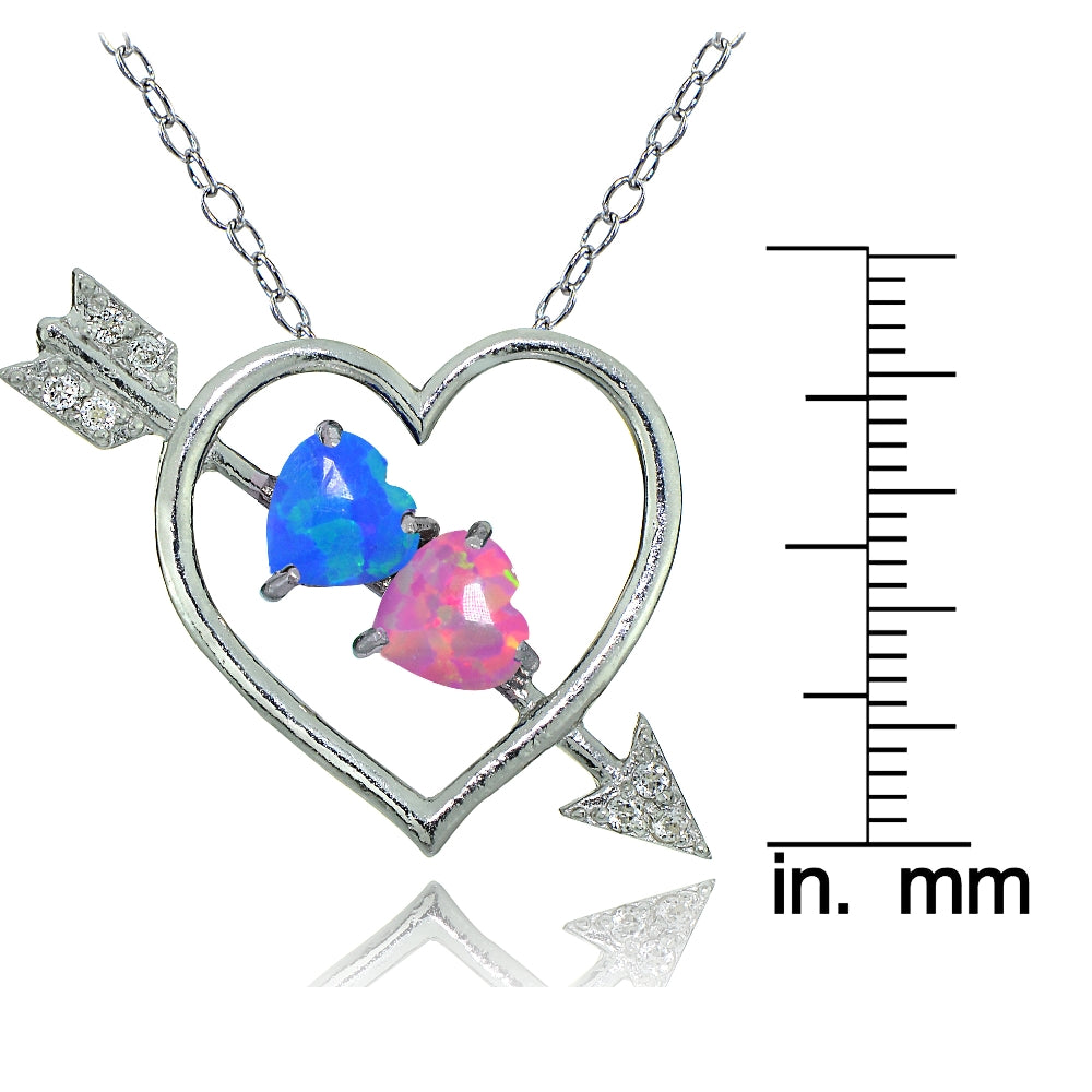 Sterling Silver Created Blue and Pink Opal & White Topaz Heart & Arrow Necklace-4