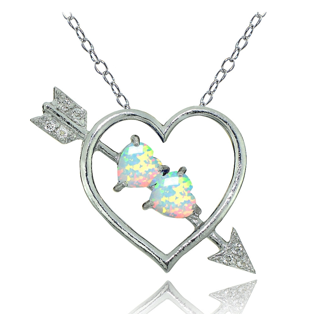 Sterling Silver Created White Opal and White Topaz Heart & Arrow Necklace