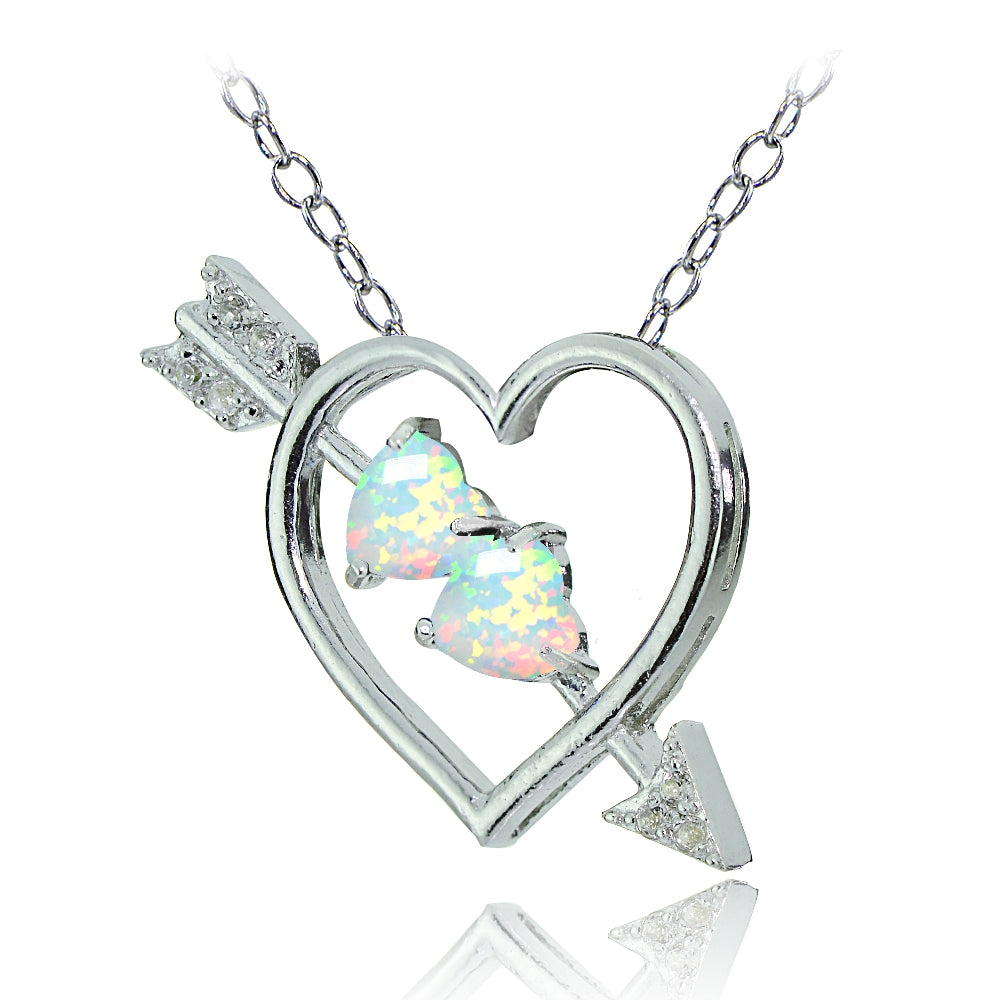 Sterling Silver Created White Opal and White Topaz Heart & Arrow Necklace-2