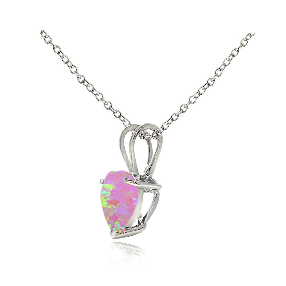 Sterling Silver Created Pink Opal 7mm Heart Solitaire Necklace-4