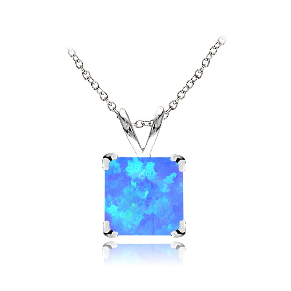 Sterling Silver Created Blue Opal 7mm Square Solitaire Necklace-2