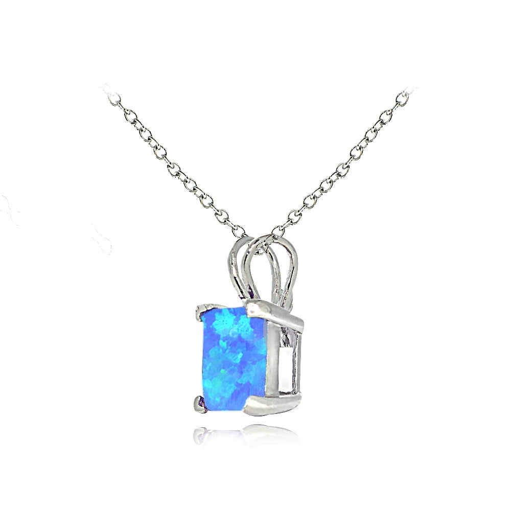 Sterling Silver Created Blue Opal 7mm Square Solitaire Necklace-3