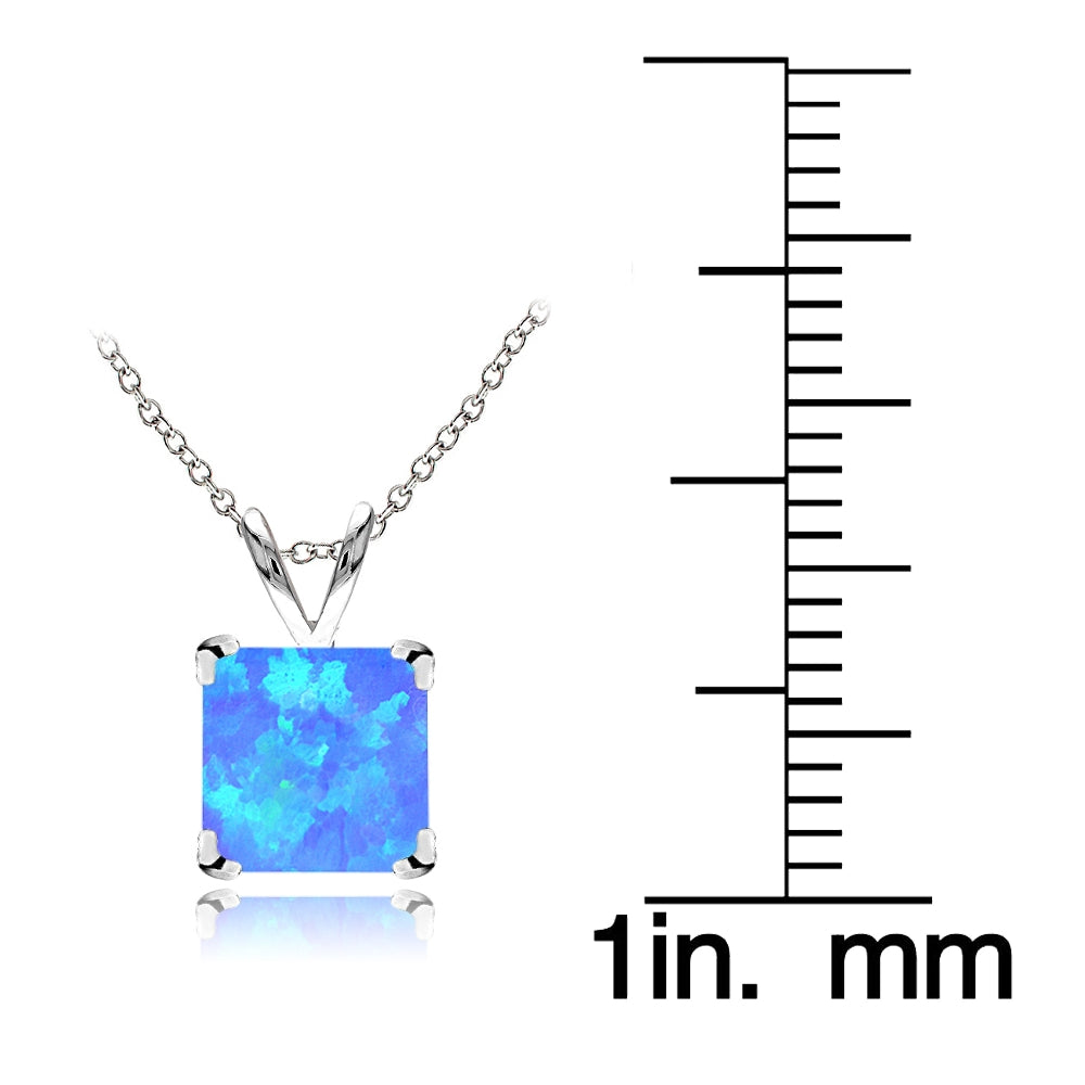 Sterling Silver Created Blue Opal 7mm Square Solitaire Necklace-4