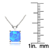 Sterling Silver Created Blue Opal 7mm Square Solitaire Necklace