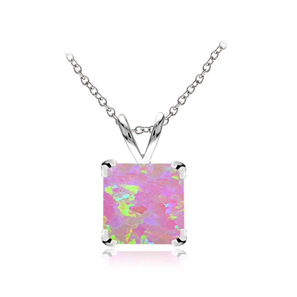 Sterling Silver Created Pink Opal 7mm Square Solitaire Necklace