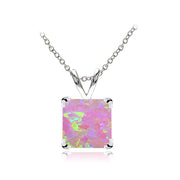 Sterling Silver Created Pink Opal 7mm Square Solitaire Necklace