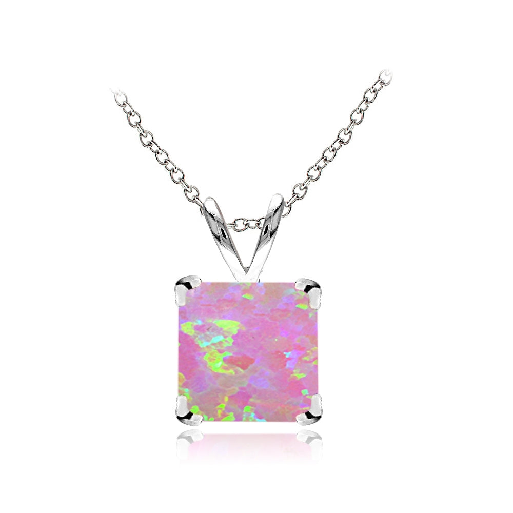 Sterling Silver Created Pink Opal 7mm Square Solitaire Necklace-2