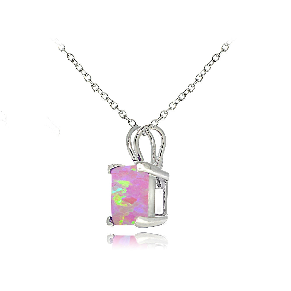 Sterling Silver Created Pink Opal 7mm Square Solitaire Necklace-3