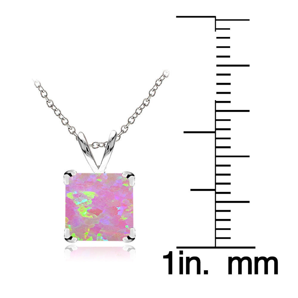 Sterling Silver Created Pink Opal 7mm Square Solitaire Necklace-4