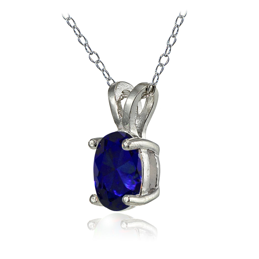 Sterling Silver Created Blue Sapphire 8x6mm Oval Solitaire Necklace-2