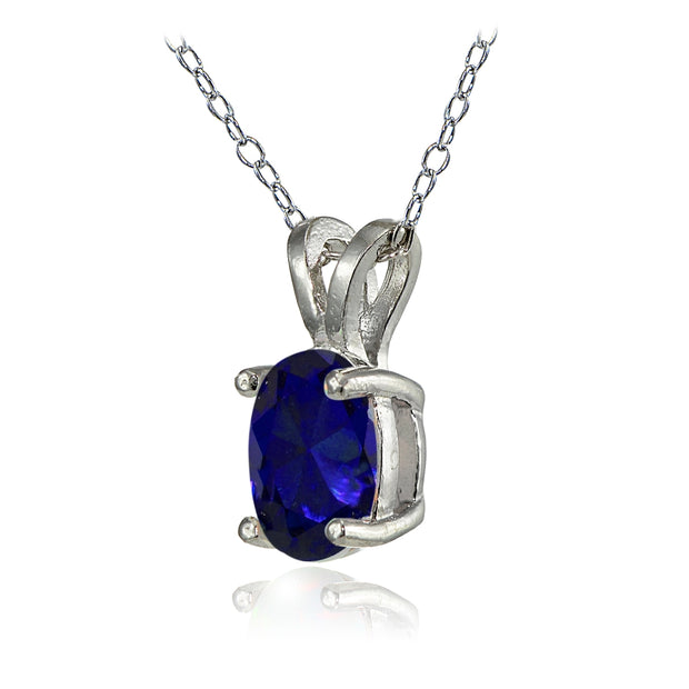 Sterling Silver Created Blue Sapphire 8x6mm Oval Solitaire Necklace