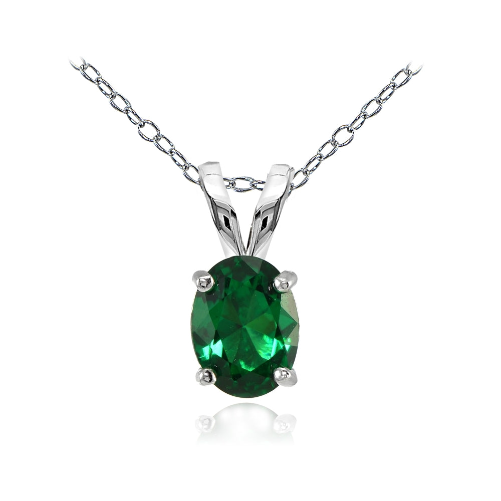 Sterling Silver Created Emerald 8x6mm Oval Solitaire Necklace
