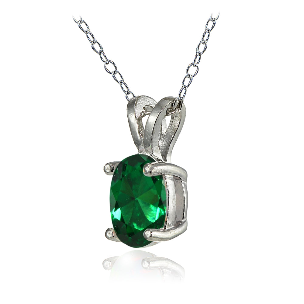 Sterling Silver Created Emerald 8x6mm Oval Solitaire Necklace-2