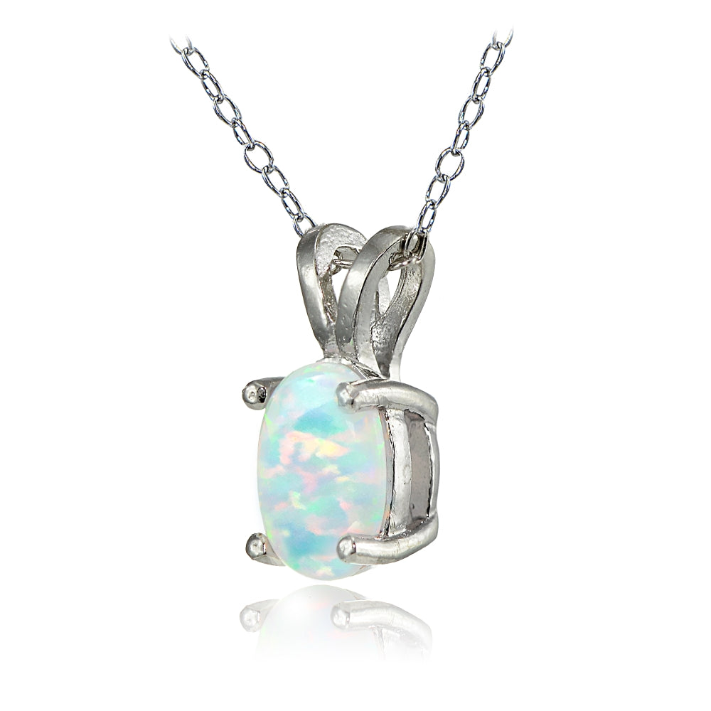 Sterling Silver Created White Opal 8x6mm Oval Solitaire Necklace-2