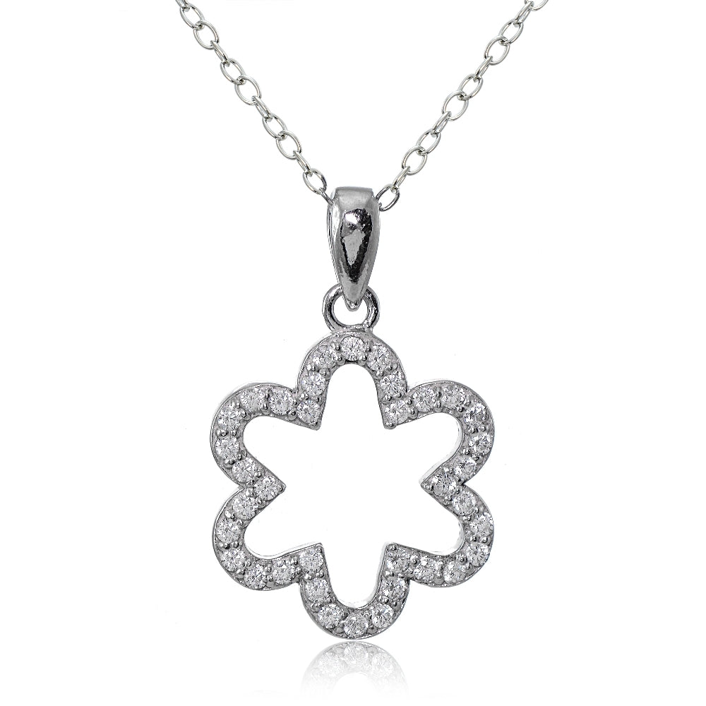 Sterling Silver Cubic Zirconia Open Flower Necklace